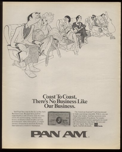 1980s A Pan Am Business Class ad drawn by famous artist Abe Hirschfeld.